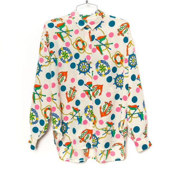 VTG Nautical Polka Dot Print Button Down - Picture 1 of 7